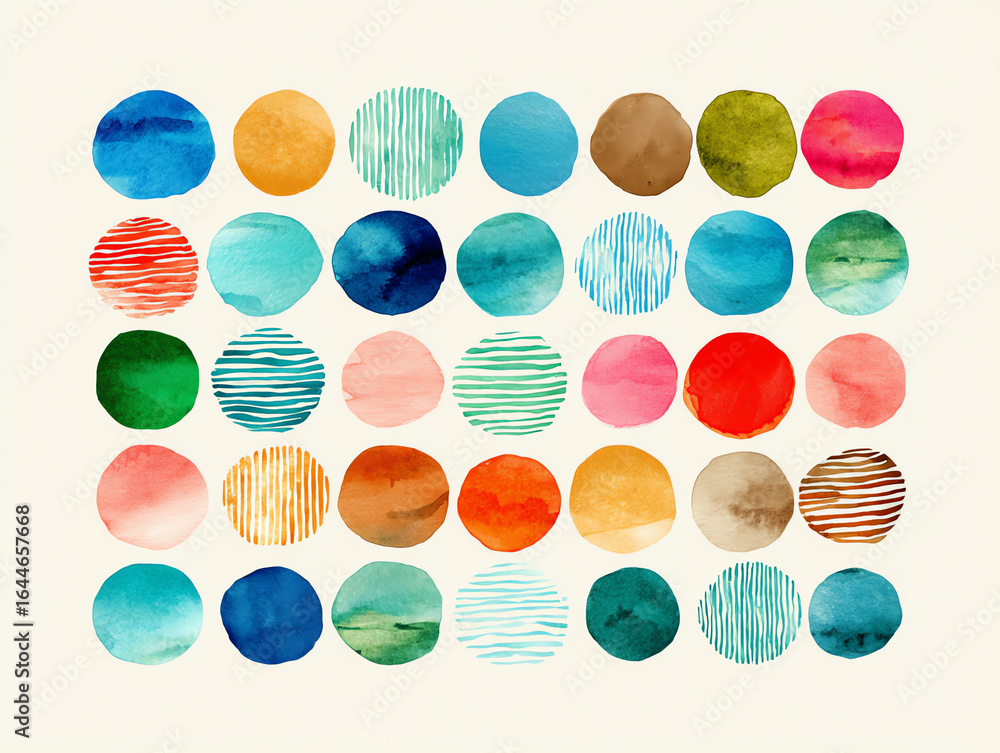 Aufkleber abstract watercolor circles in various vibrant colors and patterns arranged in a grid on a light bac