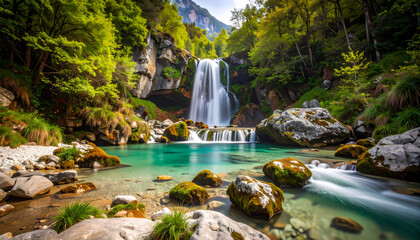 Majestic waterfall and turquoise pool in forest