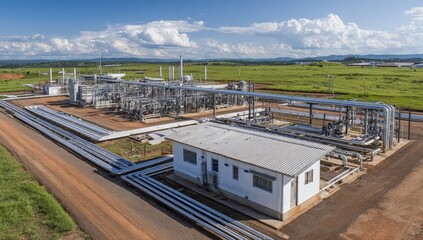 Aerial view of an industrial gas processing facility amidst flat, green landscape under a partly cloudy sky.  Extensive pipework, equipment, and a small control building are visible