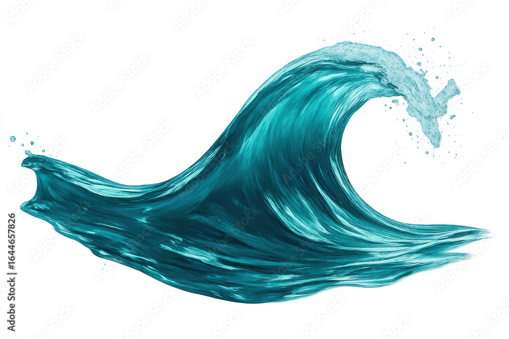 Poster turquoise wave crashing against transparent backdrop, highlighting fluid dynamics with vibrant color