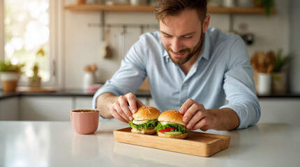 Man arranging two burgers with lettuce and tomato in bright kitchen  