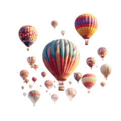 A vibrant cluster of hot air balloons ascends, showcasing a diverse array of colors and patterns against a clear sky