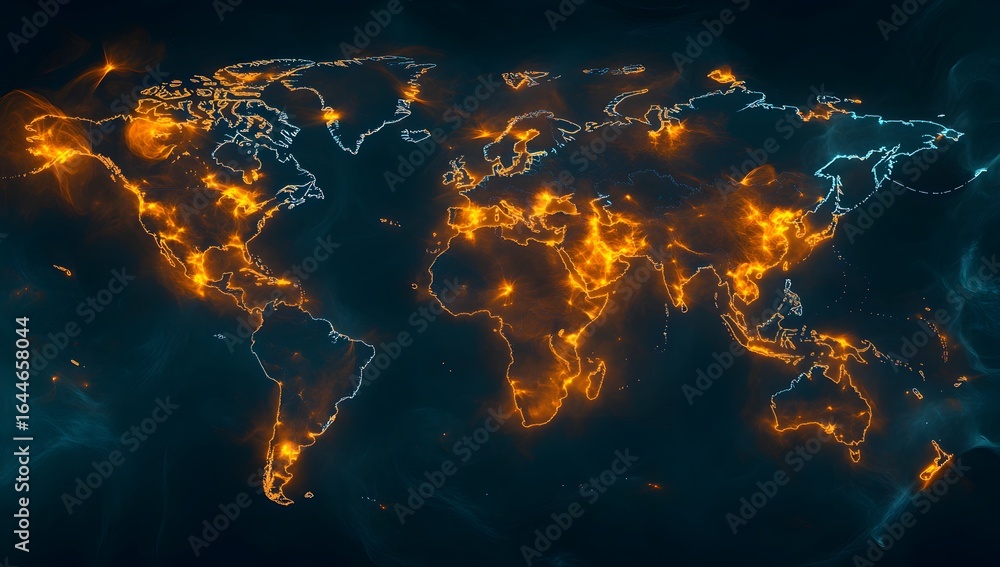 Poster a digital map of the world with blue glowing connections between cities, representing global connect