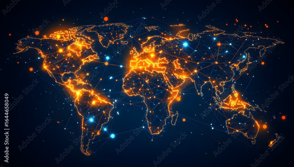 Poster a digital map of the world with blue glowing connections between cities, representing global connect