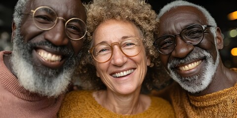Three happy senior friends, two Black men and a Caucasian woman, smile closely together at the camera.