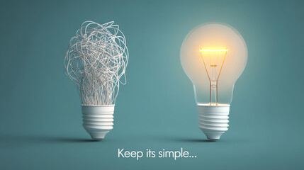 Two light bulbs side by side on a teal background, one with tangled wires and the other glowing simply, symbolizing clarity and simplicity with the text 