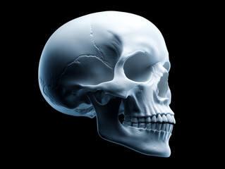 3D rendered image of a human skull in profile view, showing detailed bone texture and sutures against a black background