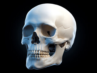 Obraz premium Human skull model showing detailed bone structure with teeth and cranial sutures on a black background, highlighting anatomical features in 3D visualization