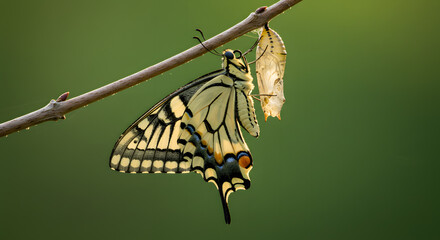 Emergence of a swallowtail butterfly from its chrysalis on a tree branch in nature