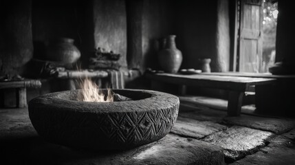 Ancient hearth's glow in a rustic dwelling, a monochrome time capsule