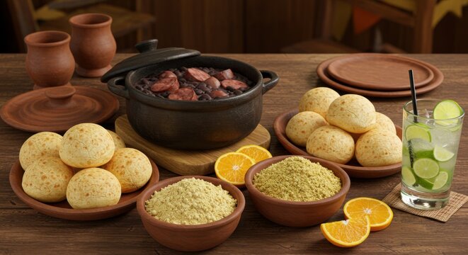 a traditional Brazilian meal set on a wooden table
