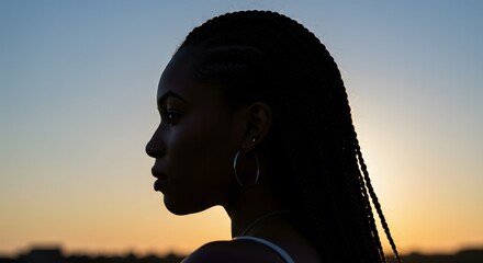 Silhouette of african american woman with braids at sunset golden hour portrait with hoop earrings style