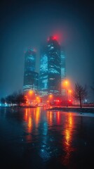 Cityscape at night, fog-shrouded skyscrapers
