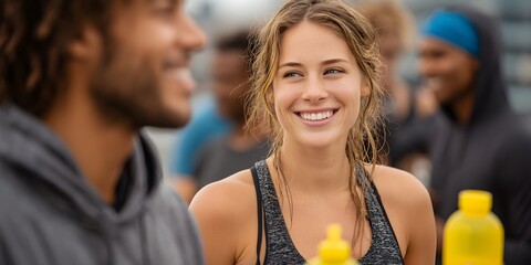 Happy young woman with a beautiful smile enjoys a conversation with friends after a workout session.
