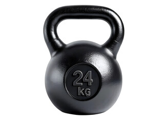 Black cast iron kettlebell with visible weight marking, front view, isolated on white background