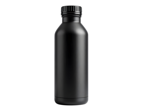 Reusable stainless steel sports water bottle with screw cap, black matte finish, upright position, isolated on white