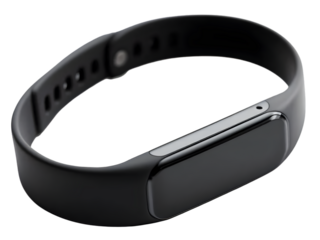 Slim black fitness tracker wristband with blank screen, angled view, isolated on white background

