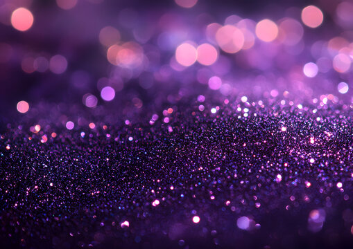 Purple particles and sprinkles for holiday. shiny golden lights. Defocused purple Particles Glittery against Purple  Background with Copy Space. Christmas Overlay