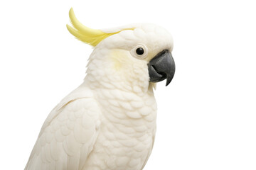 Close-up of a beautiful white cockatoo with yellow crest feathers, isolated on transparent background. Exotic tropical parrot with striking black beak and soft plumage. Perfect for wildlife, pet