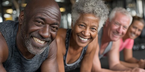 Fototapeta premium Group of diverse senior adults exercise together with smiling faces at a fitness class in a gym studio.