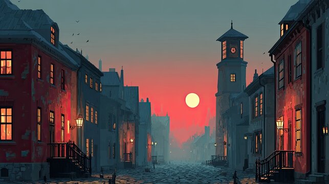 Pixelated town street at sunset