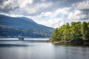view of fort william with ben nevis in background, loch linnhe, scotland uk