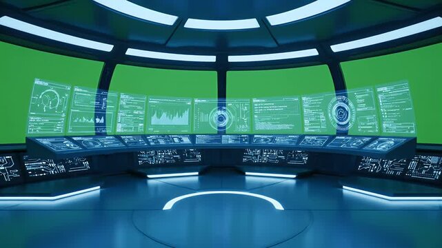 Futuristic spaceship control panel with a green screen background