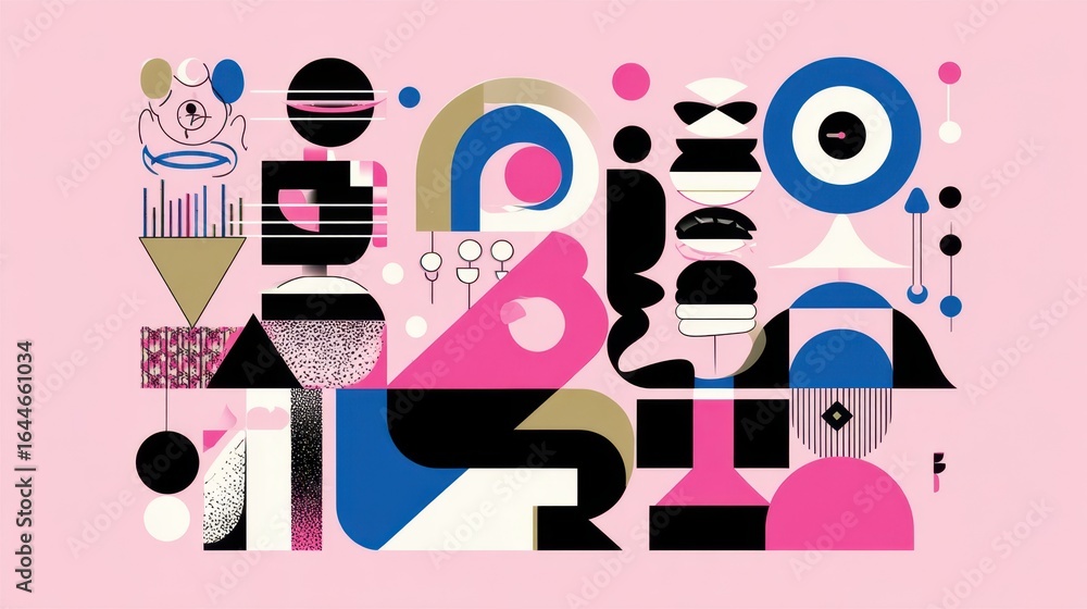 Poster abstract geometric shapes in various colours and patterns on a pink background.