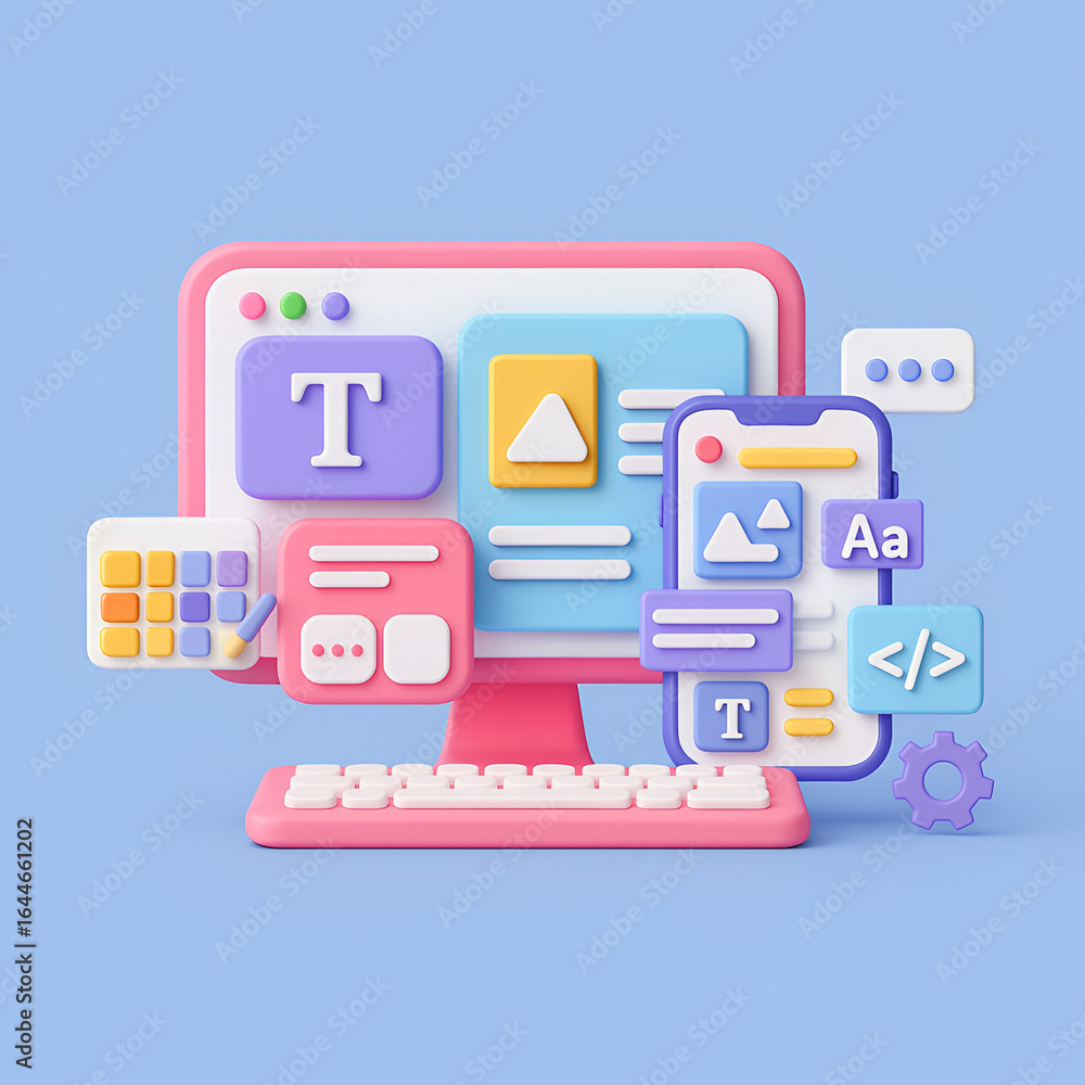Aufkleber 3d colorful web and mobile interface development concept with design elements and coding icons