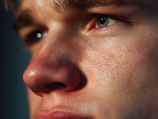 Obraz premium A close up portrait showing the details of a young fair skinned man's face, with focus on the nose and eye.