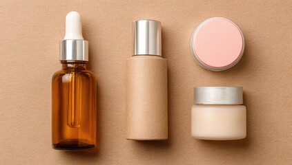 Flat lay of amber glass dropper bottle, kraft pump bottle, and two cream jars on beige background