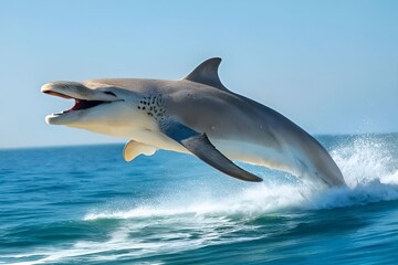 Fototapeta premium Leaping Dolphin Shark Hybrid Jumping in Ocean Waves on Sunny Day.