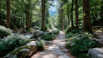 Sun Dappled Forest Trail with Rocks and Lush Greenery