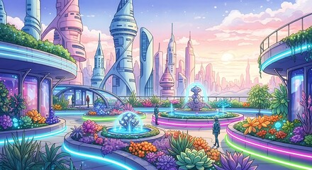 Obraz premium A futuristic city park with glowing fountains and colorful plants under a pastel colored sky view scene