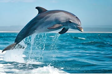 Fototapeta premium Jumping Dolphin in Blue Ocean Water with Splash in Sunny Day.