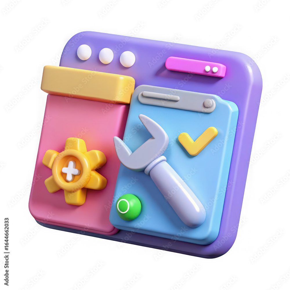 Poster 3d interface with tools wrench gear and checkmark icons technology isolated on a transparent backgro