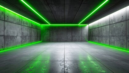 Concrete room with green neon lights, reflective floor
