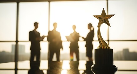 Golden star trophy with business people silhouettes