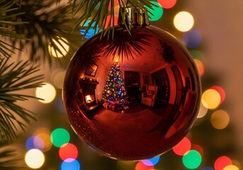 Obraz premium Crimson Christmas Ornament Reflecting Warmth of a Decorated Holiday Home Setting
