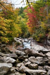 A small waterfall flowing through the forest in the North Carolina mountains in early autumn with leaves starting to change color.