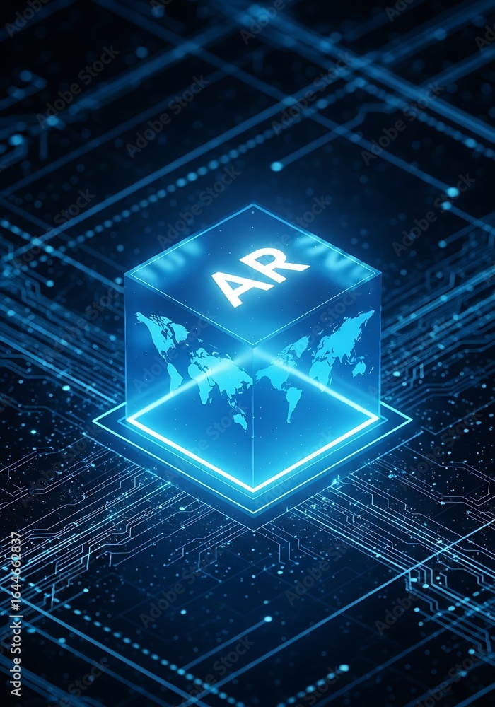 Poster glowing cube with world map and a r text augmented reality
