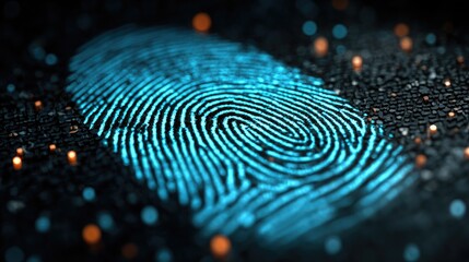 Dynamic glowing fingerprint on a circuit board, representing digital security, data protection, and biometric authentication in cyberspace