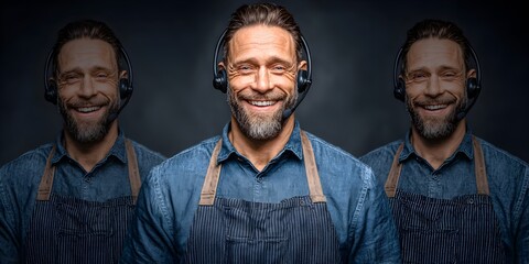 Obraz premium Triple exposure of a smiling male support representative wea a headset and apron on dark background.