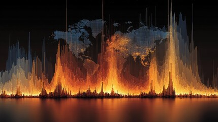 Dynamic data visualization of global interconnectedness and economic trends with vibrant city lights and worldwide network representation