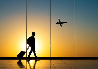 Traveler with luggage walking towards departing airplane at airport