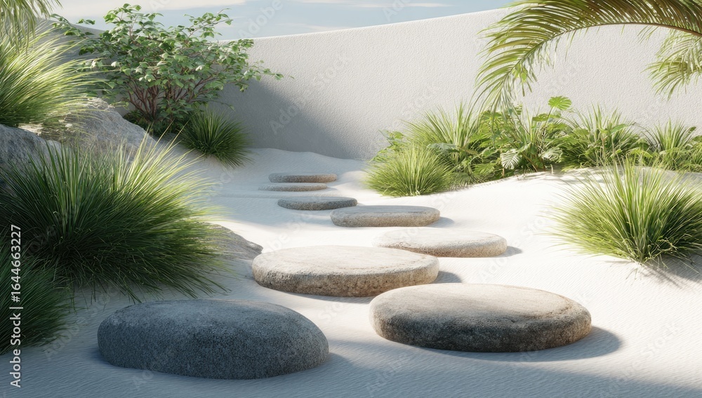 Poster sunlit path of rounded stones in a minimalist beachside garden setting with lush greenery and a whit