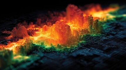 Dynamic 3D data visualization of a digital landscape with vibrant orange and green elements, perfect for tech or innovation concepts