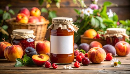 Homemade Peach and Plum Jam in Jar with Blank Label - Rustic Still Life Close-up Perfect for Food Blogs Packaging Mockup and Recipes.