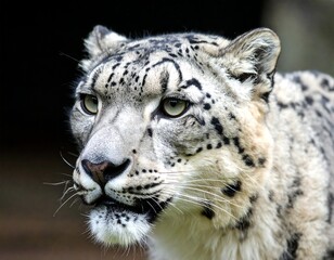 Obraz premium Close-up portrait of a snow leopard, its gaze intense, set against a dark background