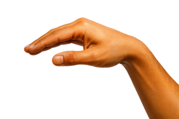 A close-up of a male hand in a gesture of grasping or holding something delicately.